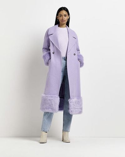 River Island Purple Faux Fur Trim Longline Coat - Blue