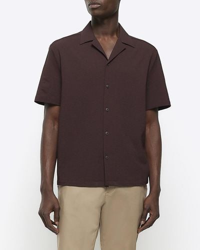 River Island Brown Regular Fit Seersucker Revere Shirt
