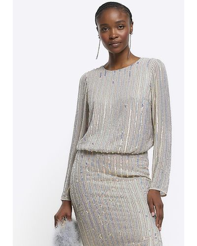 River Island Gold Iridescent Sequin Long Sleeve Top - Grey