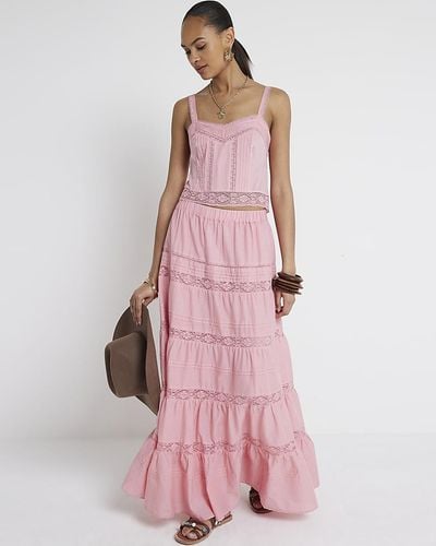 River Island Pink Lace Detail Tiered Maxi Skirt