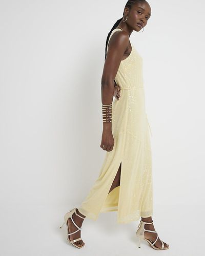 River Island Yellow Sequin Tie Waist Slip Midi Dress - Natural