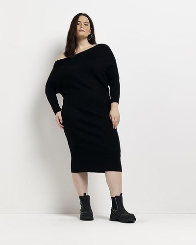 River Island Off Shoulder Sweater Midi Dress - Black