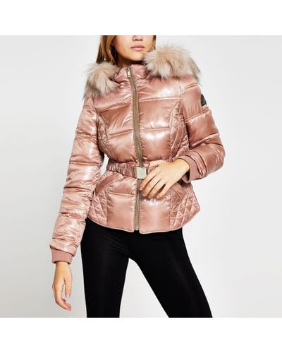 River Island Pink Double Zip Belted Padded Coat