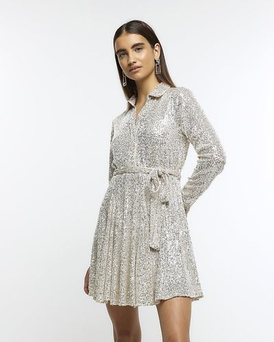 River Island Sequin Belted Swing Mini Dress - White