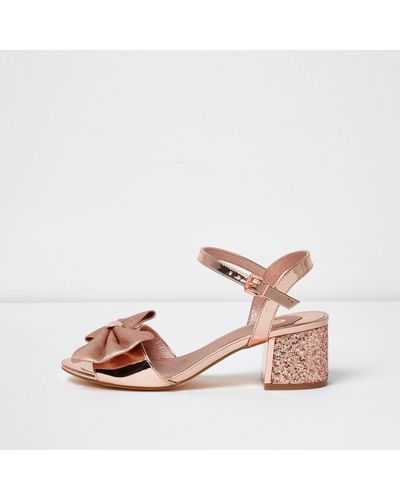 River Island Rose Gold Metallic Bow Block Heel Sandals - Pink