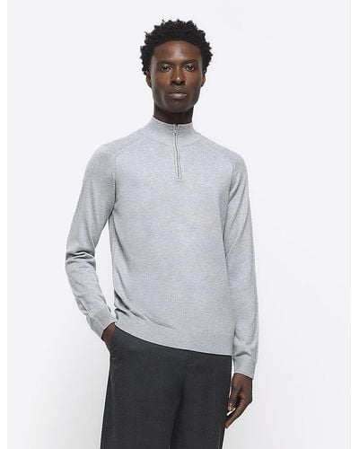 River Island Grey Slim Fit Half Zip Sweater