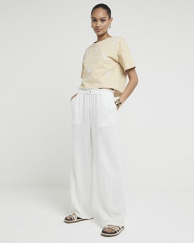 River Island Yellow Stripe Embroidered Cropped T-shirt - White
