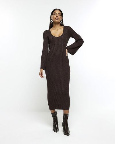 River Island Brown Long Sleeve Sweater Midi Dress