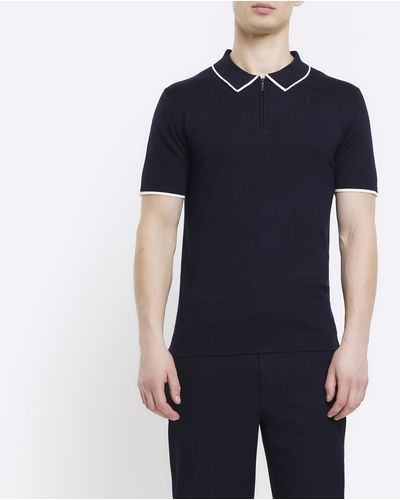 River Island Navy Slim Fit Knitted Polo Shirt - Blue
