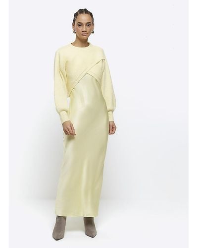 River Island Yellow Satin Hybrid Slip Midi Dress - White
