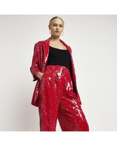 River Island Sequin Wide Leg Pants - Red
