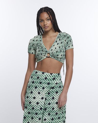River Island Green Spot Shirred Cropped Top