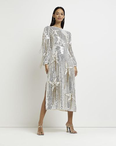 River Island Floral Sequin Long Sleeve Midi Dress - White