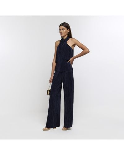 River Island Navy Plisse Flare Trousers - Blue