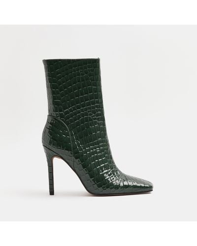 River Island Green Patent Croc Embossed Heeled Boots