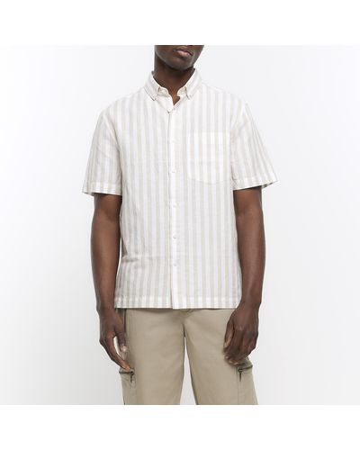 River Island Beige Regular Fit Linen Blend Striped Shirt - White