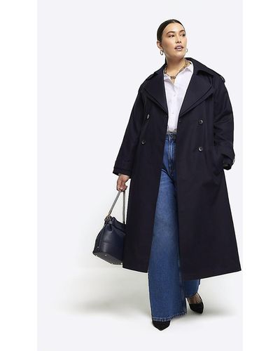 River Island Double Collar Belted Trench Coat - Blue