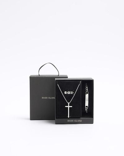 River Island Silver Plated Cross Necklace Gift Box - White