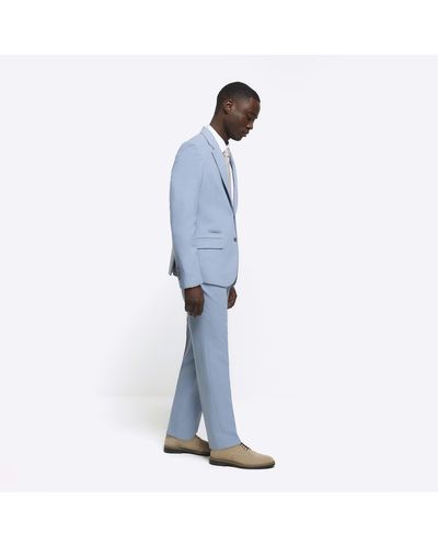 River Island Blue Slim Fit Textured Suit Trousers
