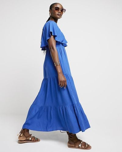 River Island Frill Sleeve Smock Maxi Dress - Blue