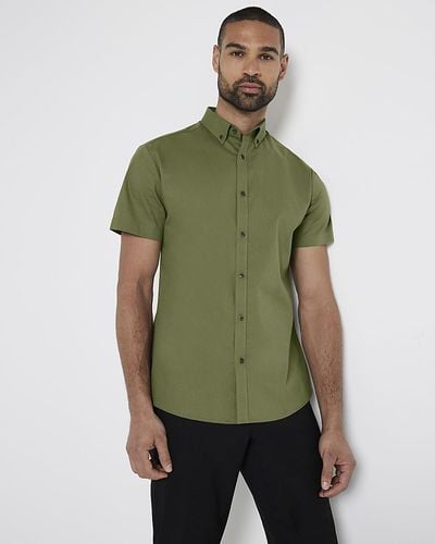 River Island Khaki Muscle Fit Textured Smart Shirt - Green