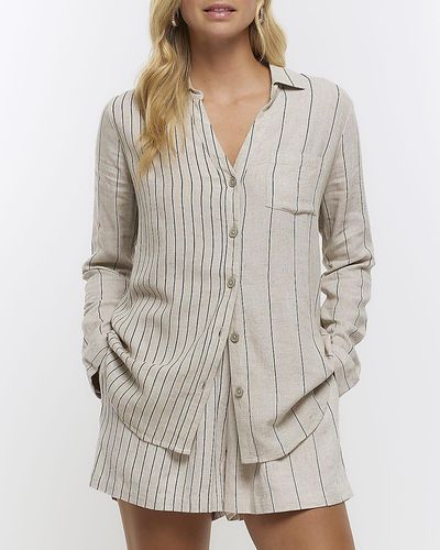 River Island Beige Stripe Long Sleeve Shirt With Linen - Gray