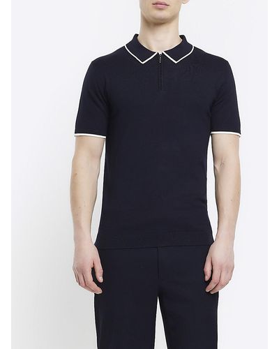 River Island Navy Slim Fit Knitted Polo Shirt - Blue