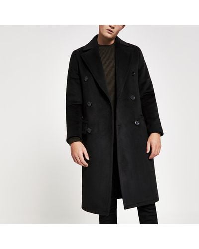 River Island Double Breasted Overcoat - Black