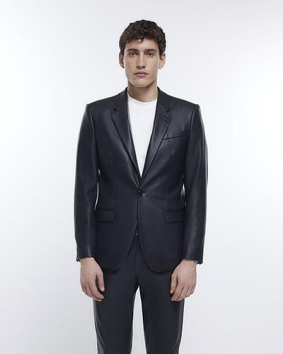 River Island Black Slim Fit Faux Leather Suit Jacket - Blue