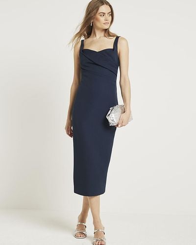 River Island Navy Ruched Open Back Bodycon Midi Dress - Blue