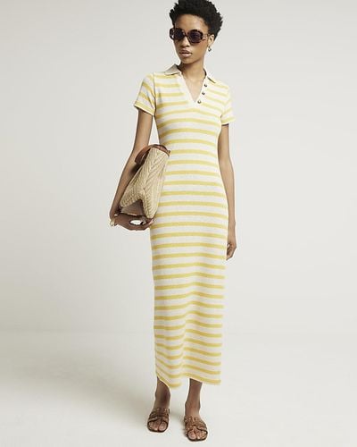 River Island Yellow Crochet Stripe Bodycon Maxi Dress - Metallic