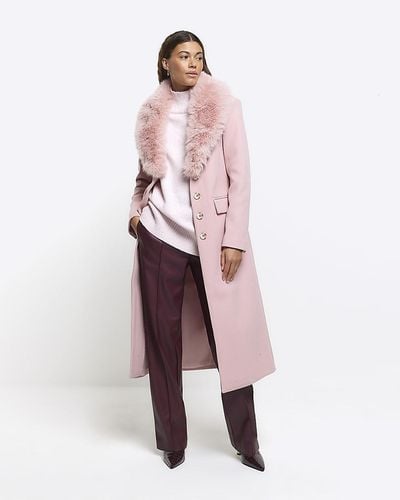 River Island Faux Fur Collar Longline Coat - Pink