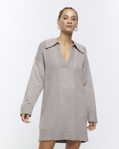 River Island Brown Collared Sweater Mini Dress - Gray