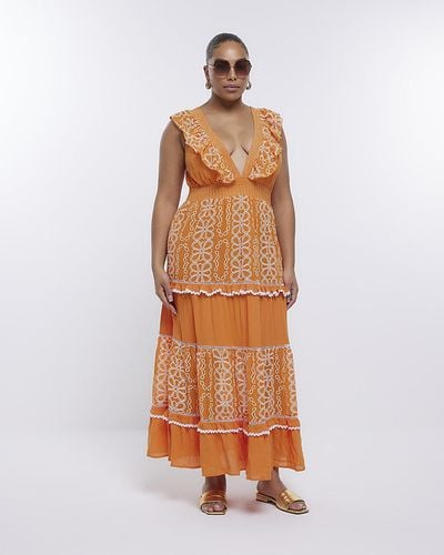 River Island Plus Orange Embroidered Frill Maxi Dress