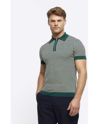 River Island Green Muscle Fit Knit Geometric Polo