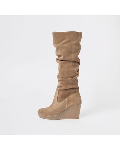 River Island Suede Knee High Slouch Wedge Boots - Natural