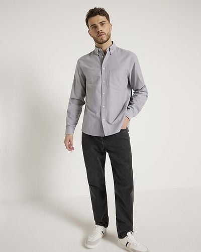 River Island Grey Regular Fit Long Sleeve Oxford Shirt
