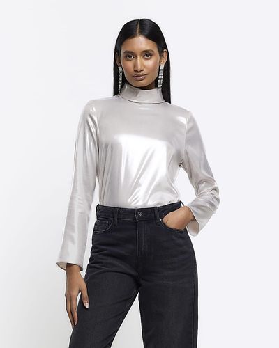 River Island Silver High Neck Long Sleeve Blouse - White