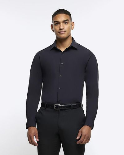 River Island Black Slim Fit Long Sleeve Smart Shirt - Blue