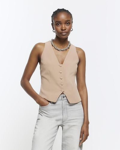 River Island Brown Button Front Waistcoat - White