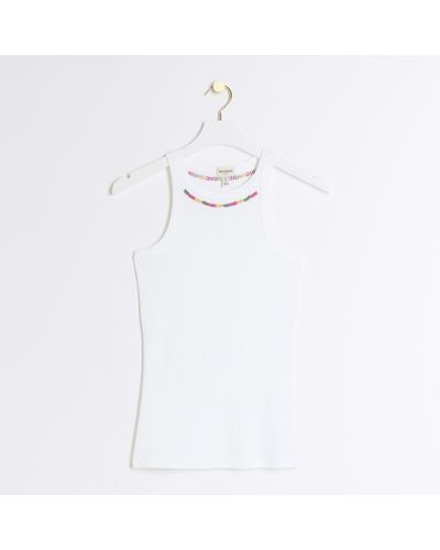 River Island White Ribbed Embroidered Vest Top