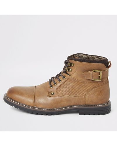 River Island Light Lace-up Buckle Military Boots - Brown