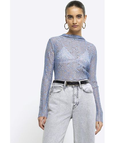 River Island Blue Lace Long Sleeve Top