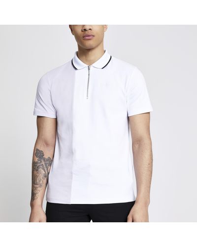 River Island Blocked Half Zip Polo Shirt - White