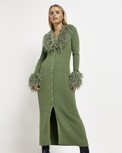 River Island Petite Green Faux Fur Bodycon Midi Dress
