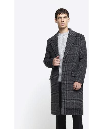 River Island Grey Regular Fit Wool Blend Check Overcoat - Blue