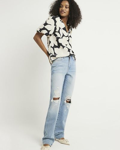 River Island Blue High Waisted Ripped Stove Straight Jeans