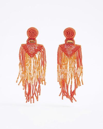 River Island Orange Beaded Tassel Drop Earrings - Red