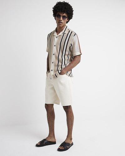 River Island Brown Regular Fit Crochet Stripe Revere Shirt - White