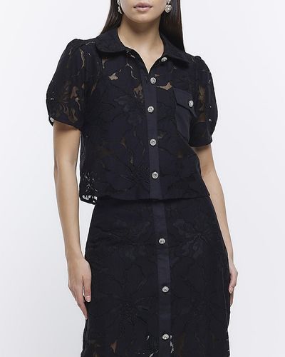 River Island Lace Buttoned Up Crop Blouse - Black